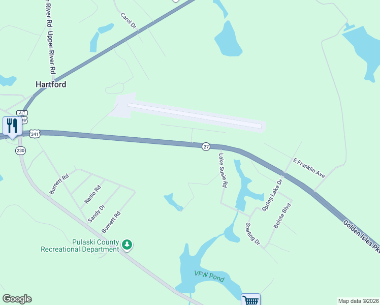 map of restaurants, bars, coffee shops, grocery stores, and more near 268 Eastman Highway in Hawkinsville