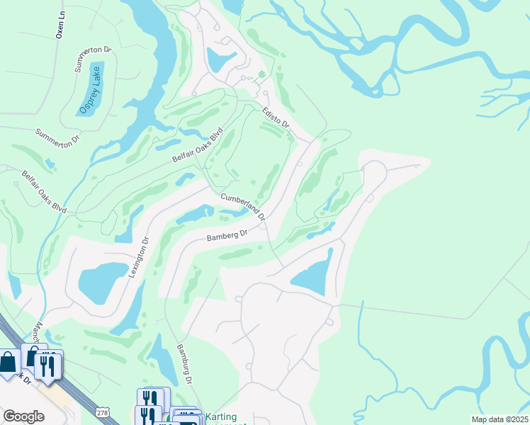 map of restaurants, bars, coffee shops, grocery stores, and more near 307 Bamberg Drive in Bluffton