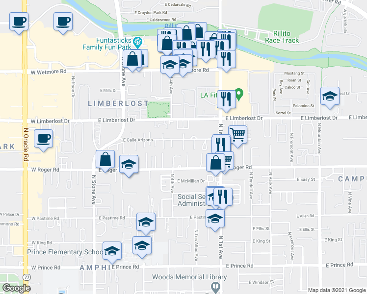 map of restaurants, bars, coffee shops, grocery stores, and more near 512 East Calle Arizona in Tucson