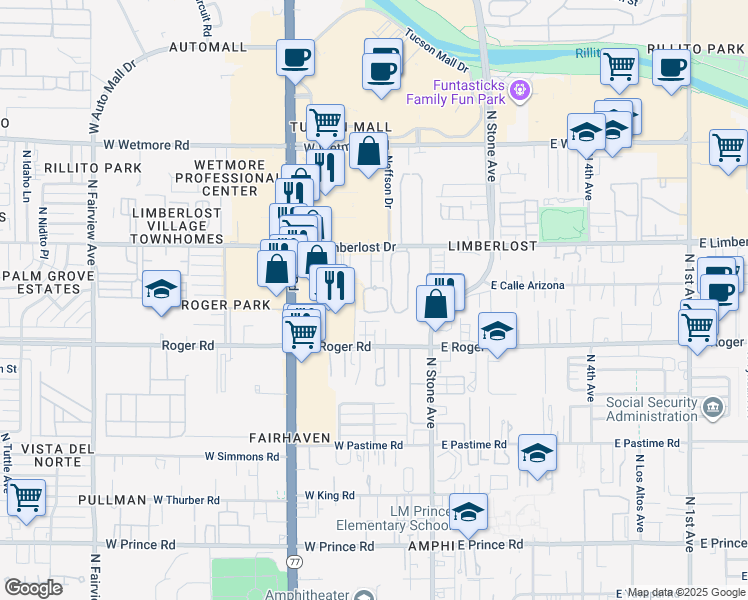 map of restaurants, bars, coffee shops, grocery stores, and more near 4140 North Western Winds Drive in Tucson