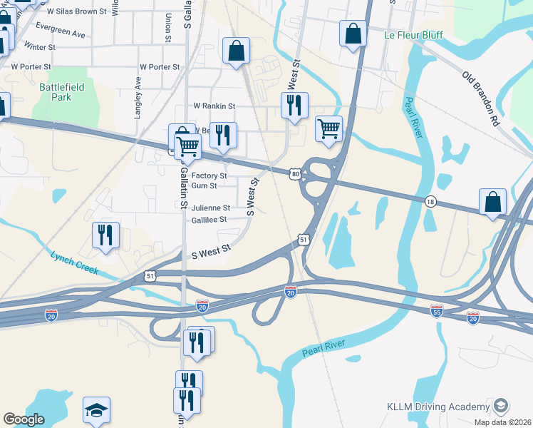 map of restaurants, bars, coffee shops, grocery stores, and more near 541 Julienne Street in Jackson