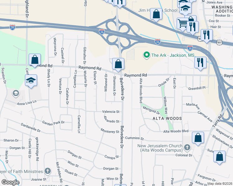 map of restaurants, bars, coffee shops, grocery stores, and more near 1922 Shamrock Dr in Jackson