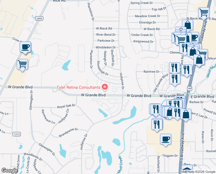 map of restaurants, bars, coffee shops, grocery stores, and more near 5135 Van Buren Street in Tyler