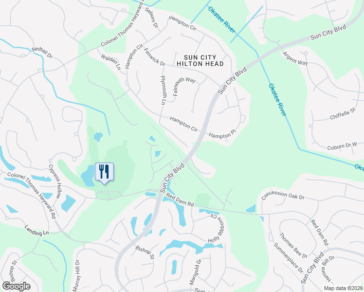 map of restaurants, bars, coffee shops, grocery stores, and more near 72 Plymouth Lane in Bluffton
