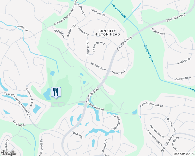 map of restaurants, bars, coffee shops, grocery stores, and more near 75 Plymouth Lane in Bluffton