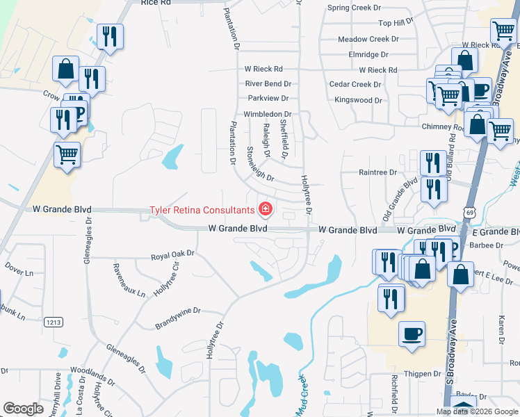map of restaurants, bars, coffee shops, grocery stores, and more near 5103 Koberlin Street in Tyler