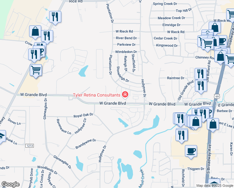 map of restaurants, bars, coffee shops, grocery stores, and more near 6234 Ashton Cove in Tyler
