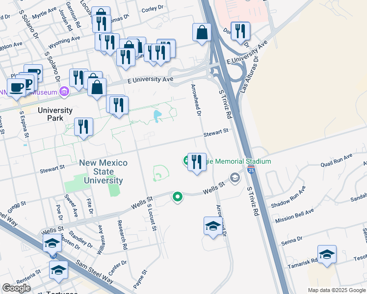 map of restaurants, bars, coffee shops, grocery stores, and more near 1800 Stewart Street in Las Cruces