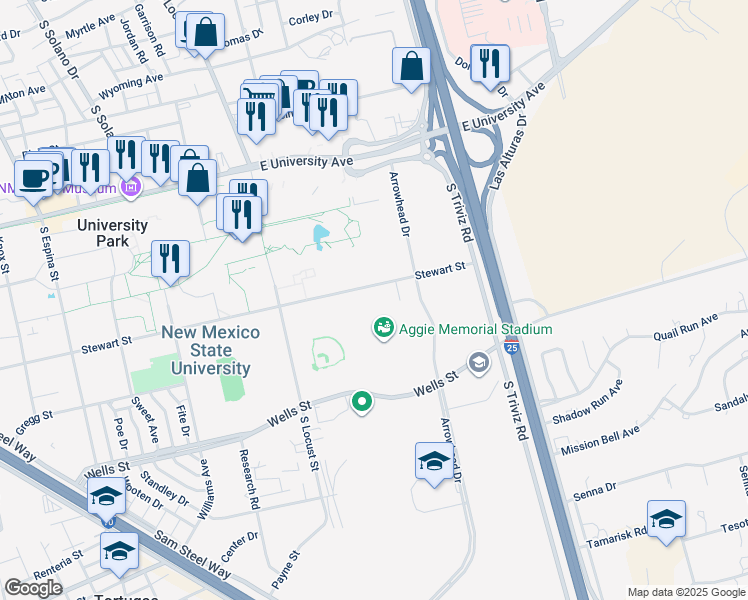 map of restaurants, bars, coffee shops, grocery stores, and more near 1800 Stewart Street in Las Cruces