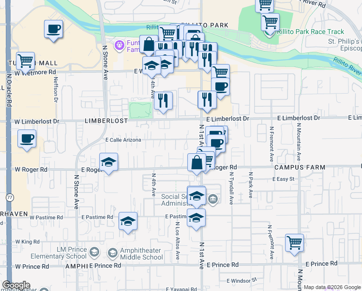 map of restaurants, bars, coffee shops, grocery stores, and more near 601 East Calle Arizona in Tucson