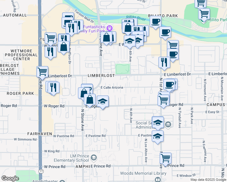 map of restaurants, bars, coffee shops, grocery stores, and more near 231 East Calle Arizona in Tucson