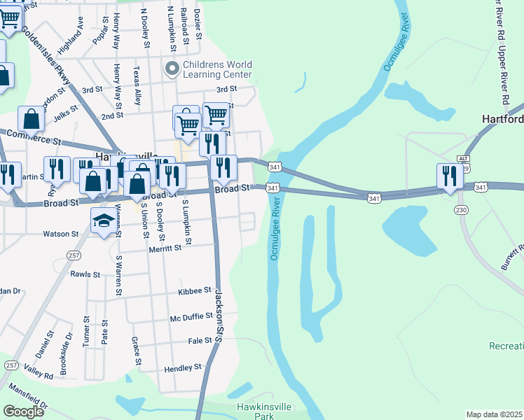 map of restaurants, bars, coffee shops, grocery stores, and more near 101 Houston Street in Hawkinsville