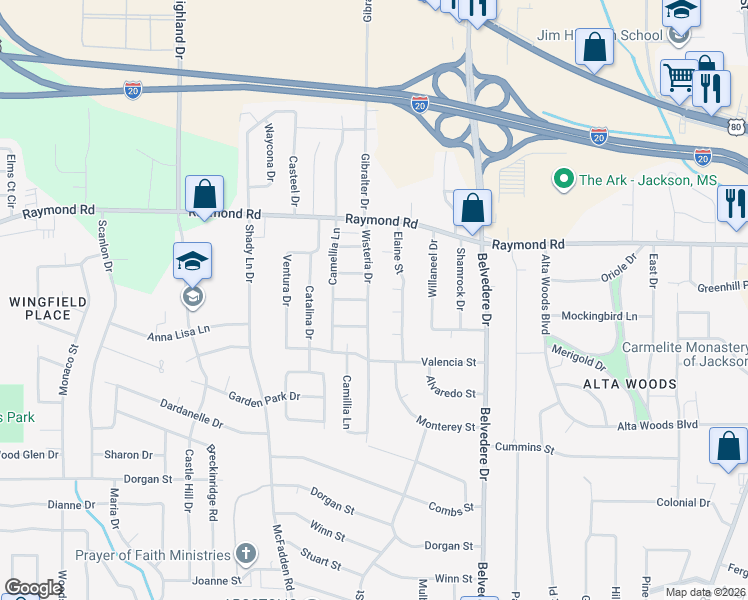 map of restaurants, bars, coffee shops, grocery stores, and more near 1855 Wisteria Drive in Jackson