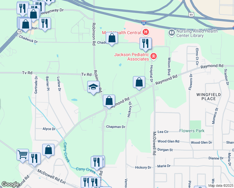 map of restaurants, bars, coffee shops, grocery stores, and more near 1636 Raymond Road in Jackson