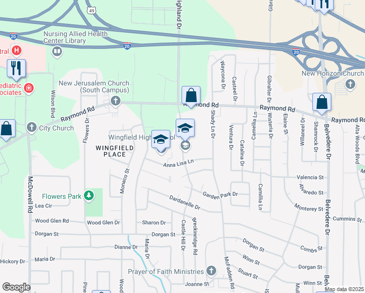 map of restaurants, bars, coffee shops, grocery stores, and more near 1970 Castle Hill Drive in Jackson