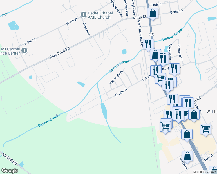 map of restaurants, bars, coffee shops, grocery stores, and more near 61 Barksdale Drive in Rincon