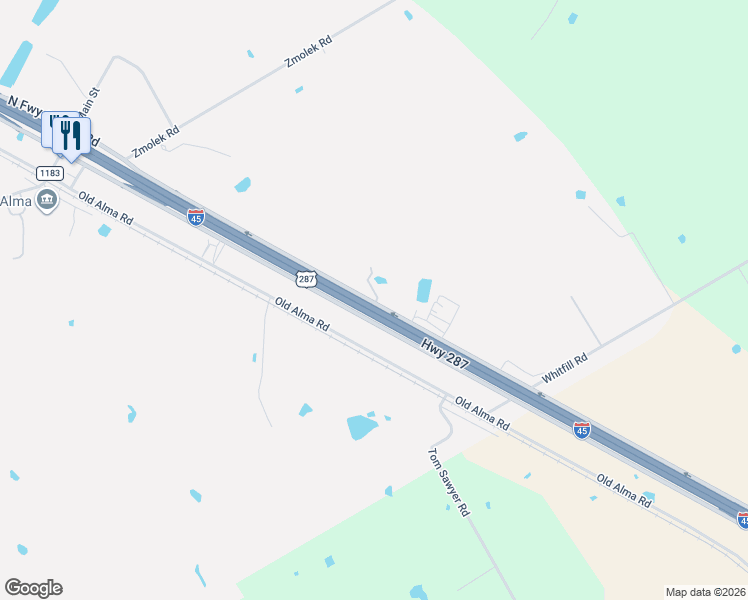 map of restaurants, bars, coffee shops, grocery stores, and more near 179 Interstate 45 Frontage Rd in Ennis