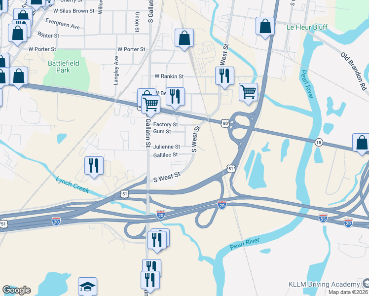 map of restaurants, bars, coffee shops, grocery stores, and more near 214 Julienne Street in Jackson