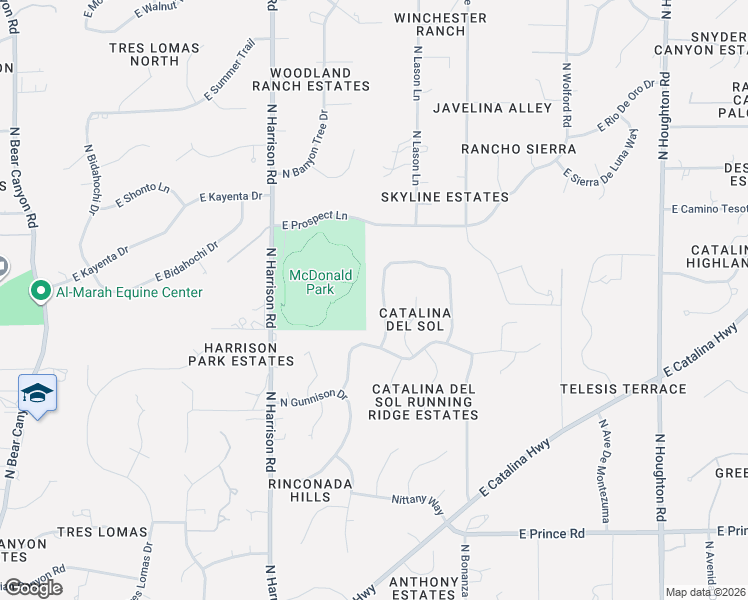 map of restaurants, bars, coffee shops, grocery stores, and more near 9750 East Vista Montanas in Tucson