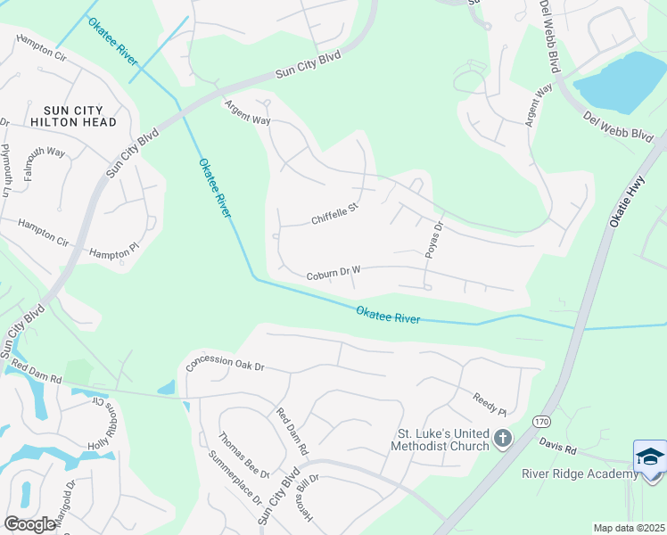 map of restaurants, bars, coffee shops, grocery stores, and more near 84 Coburn Drive West in Bluffton