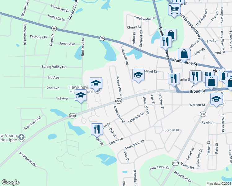 map of restaurants, bars, coffee shops, grocery stores, and more near 17 Forest Hill Circle in Hawkinsville