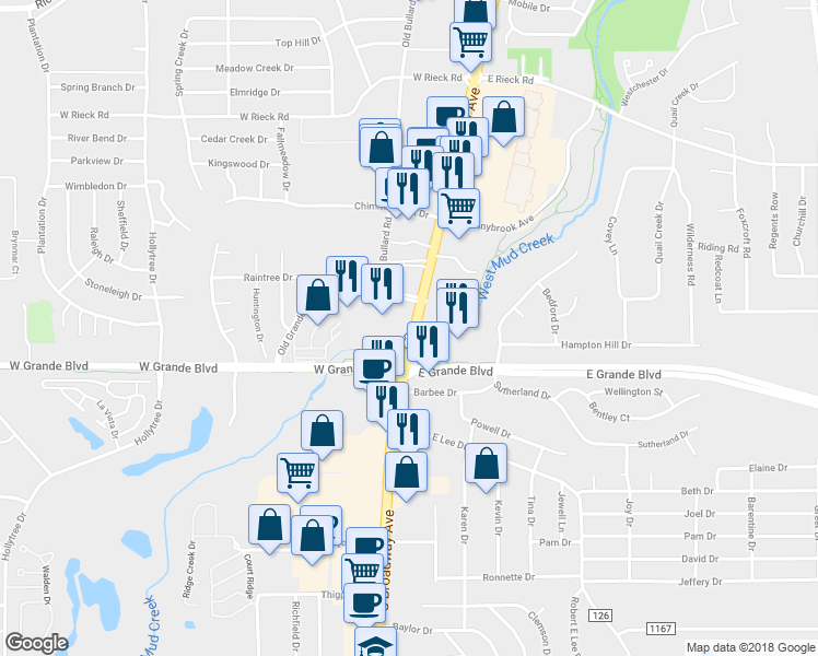 map of restaurants, bars, coffee shops, grocery stores, and more near 5982 South Broadway Avenue in Tyler