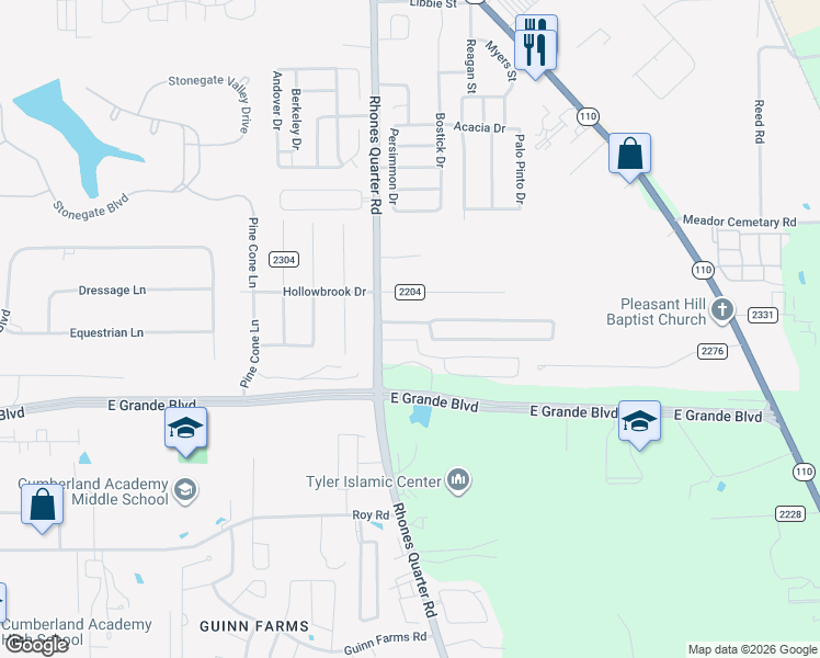 map of restaurants, bars, coffee shops, grocery stores, and more near 6150 Rhones Quarter Road in Tyler