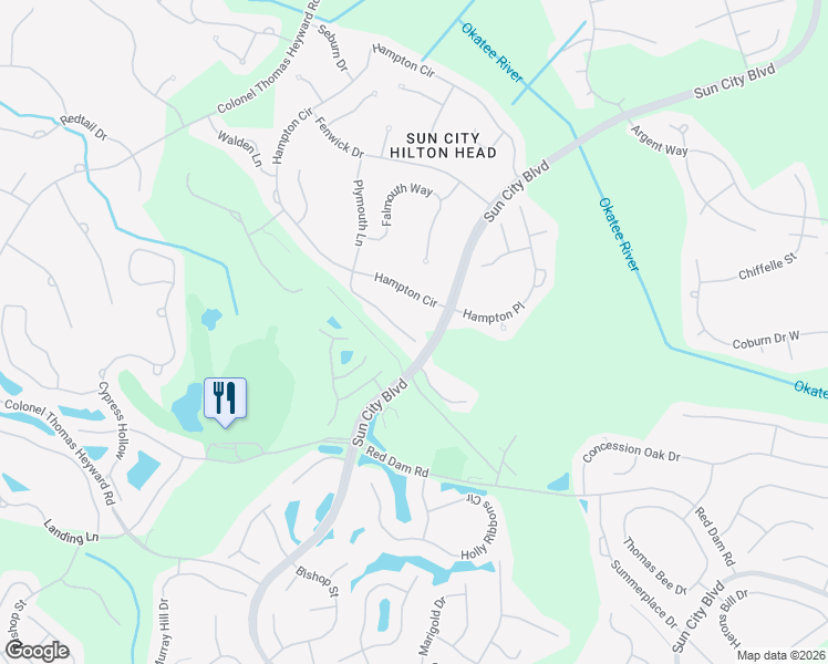 map of restaurants, bars, coffee shops, grocery stores, and more near 75 Plymouth Lane in Bluffton