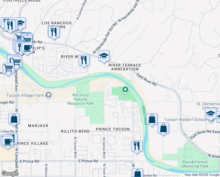 map of restaurants, bars, coffee shops, grocery stores, and more near 4092 North Star Park Place in Tucson