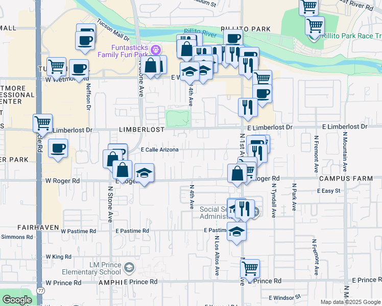 map of restaurants, bars, coffee shops, grocery stores, and more near 371 East Calle Arizona in Tucson