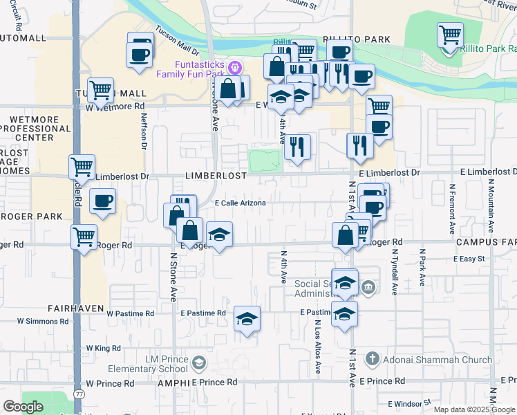 map of restaurants, bars, coffee shops, grocery stores, and more near 332 East Calle Arizona in Tucson