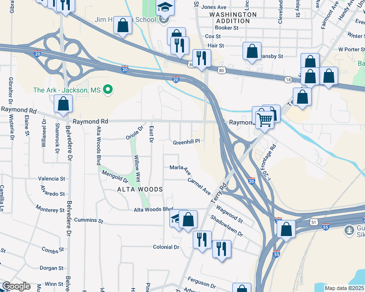 map of restaurants, bars, coffee shops, grocery stores, and more near 300-370 Greenhill Place in Jackson