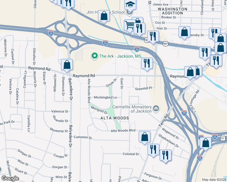 map of restaurants, bars, coffee shops, grocery stores, and more near 1835 East Drive in Jackson