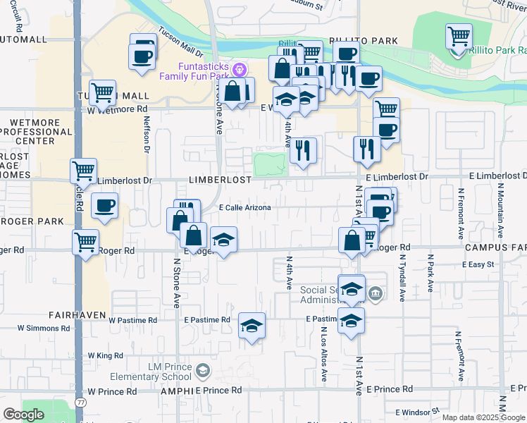 map of restaurants, bars, coffee shops, grocery stores, and more near 332 East Calle Arizona in Tucson