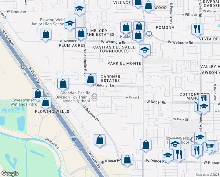 map of restaurants, bars, coffee shops, grocery stores, and more near 1925 West Gardner Lane in Tucson