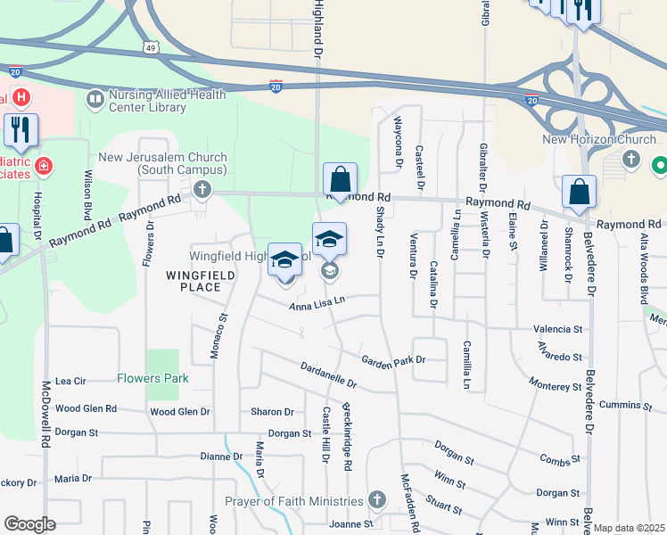 map of restaurants, bars, coffee shops, grocery stores, and more near 1970 Castle Hill Drive in Jackson