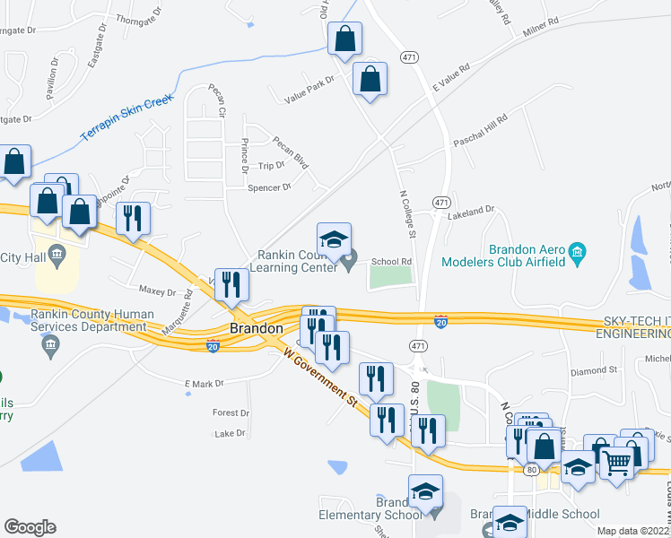 map of restaurants, bars, coffee shops, grocery stores, and more near 200 School Road in Brandon