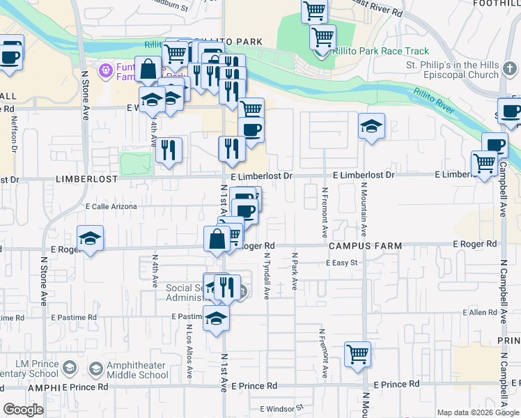 map of restaurants, bars, coffee shops, grocery stores, and more near 4130 North 1st Avenue in Tucson