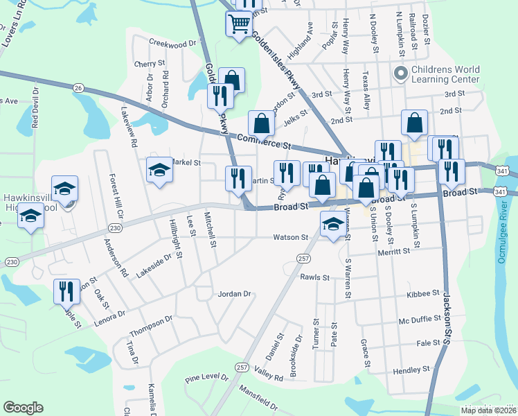 map of restaurants, bars, coffee shops, grocery stores, and more near 214 Broad Street in Hawkinsville