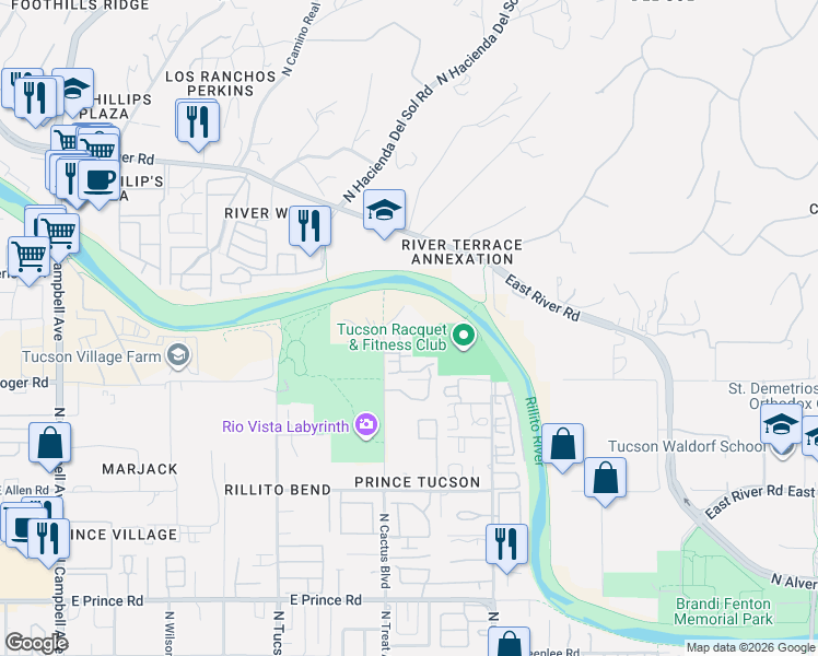 map of restaurants, bars, coffee shops, grocery stores, and more near 4092 North Star Park Place in Tucson