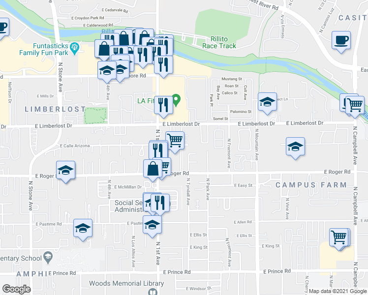 map of restaurants, bars, coffee shops, grocery stores, and more near 4130 North 1st Avenue in Tucson