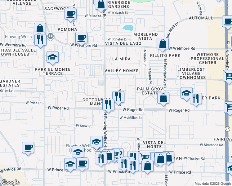 map of restaurants, bars, coffee shops, grocery stores, and more near 1340 West El Caminito Place in Tucson