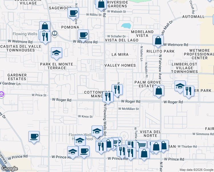 map of restaurants, bars, coffee shops, grocery stores, and more near 1340 West El Caminito Place in Tucson