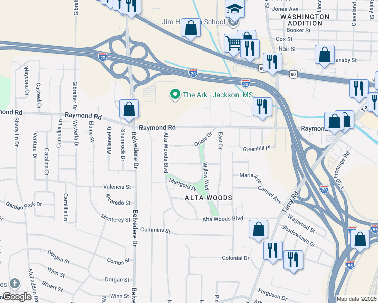 map of restaurants, bars, coffee shops, grocery stores, and more near 1903 Will O Wisp Way in Jackson