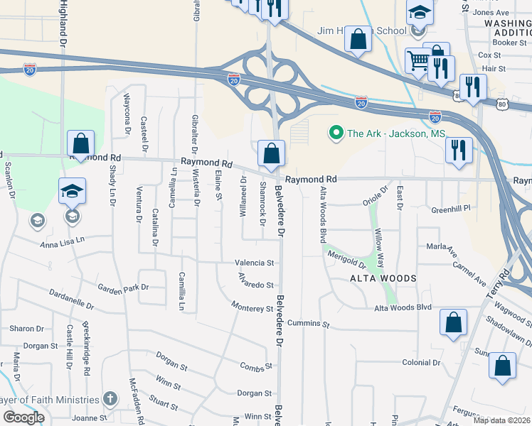map of restaurants, bars, coffee shops, grocery stores, and more near 1860 Shamrock Drive in Jackson
