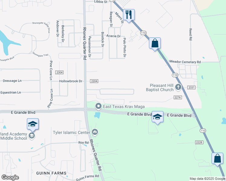 map of restaurants, bars, coffee shops, grocery stores, and more near 8162 Brookhollow Drive in Tyler