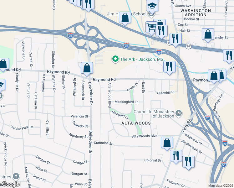 map of restaurants, bars, coffee shops, grocery stores, and more near 531 Oriole Drive in Jackson