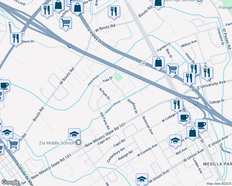 map of restaurants, bars, coffee shops, grocery stores, and more near 455 Drake Court in Las Cruces