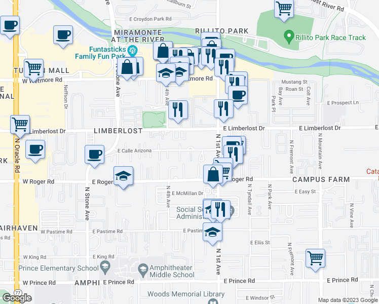 map of restaurants, bars, coffee shops, grocery stores, and more near 550 East Calle Arizona in Tucson