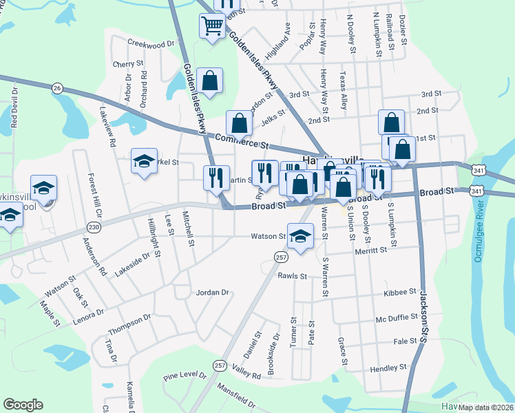 map of restaurants, bars, coffee shops, grocery stores, and more near Georgia 230 in Hawkinsville